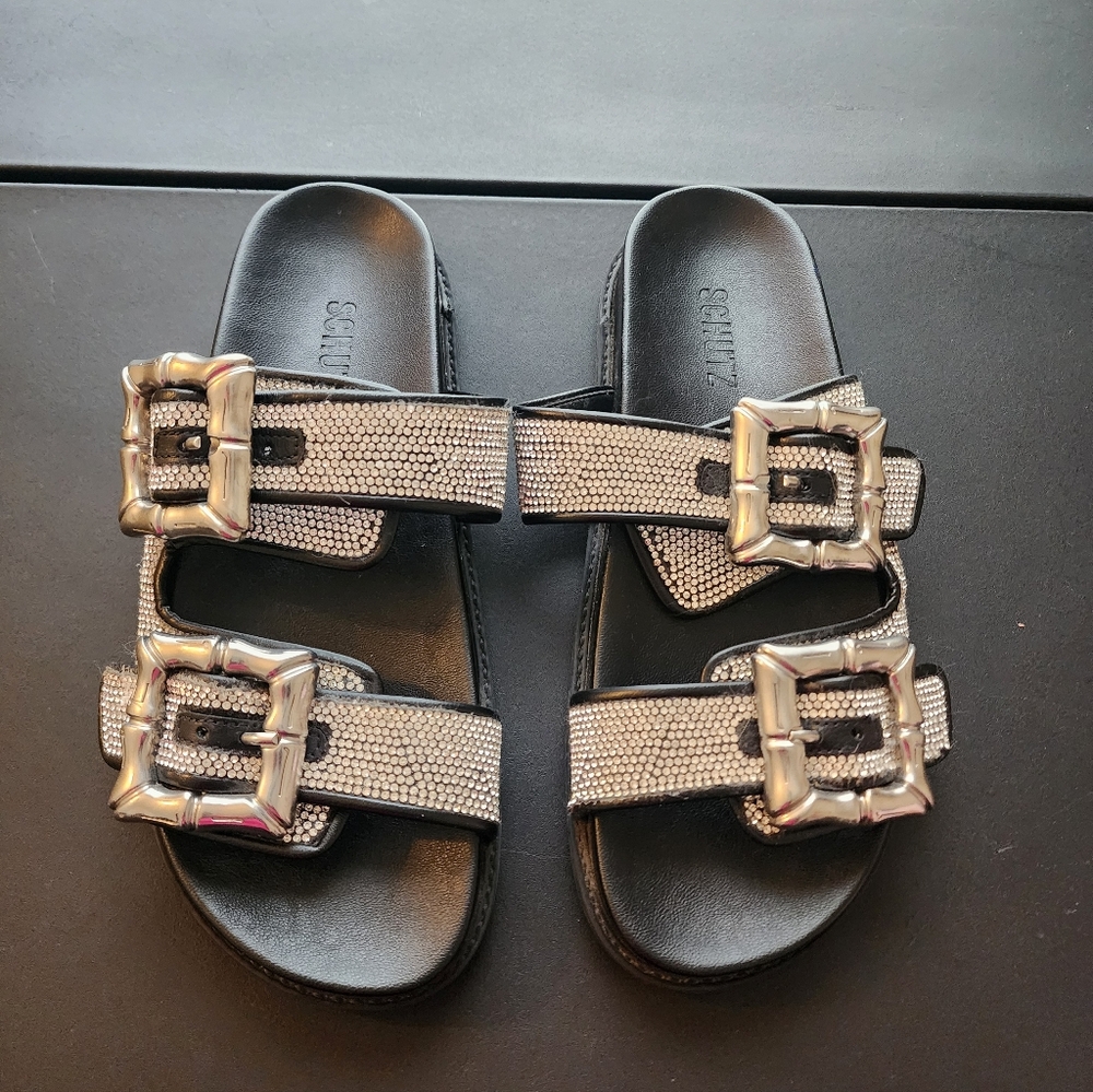 Schutz Embellished Double-Buckle Slide Sandals in Black & Silver